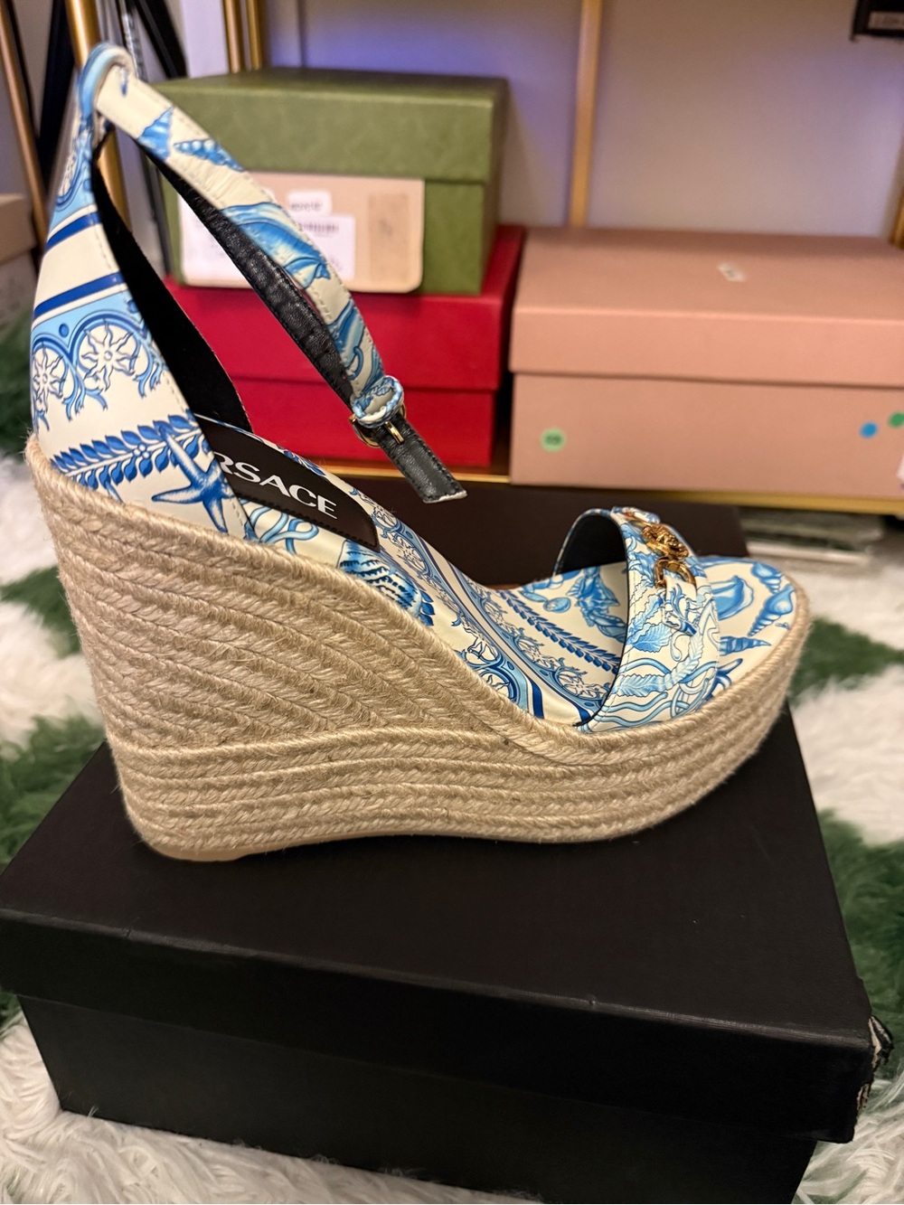 Versace Mainline Blue & Cream Printed Espadrille Wedge Sandals